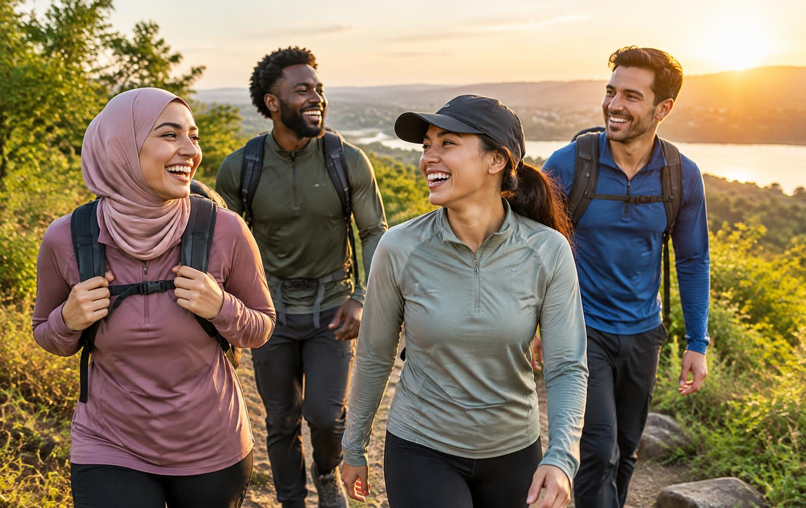 A cheerful group of friends hiking together on a sunny trail, full of positive energy