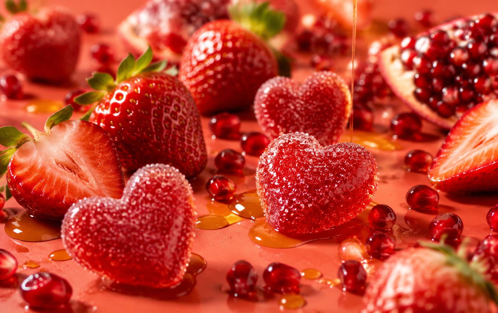 A macro close-up of glossy ruby-red gummies with strawberries, pomegranate seeds and honey