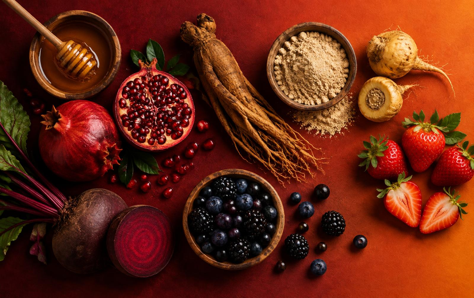 A flat lay of natural ingredients: honey, pomegranate, red ginseng root, maca, beetroot, strawberries and dark berries